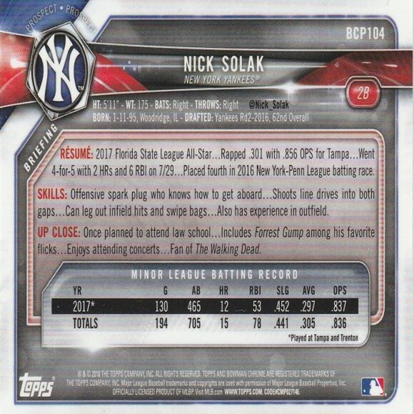 Nick Solak - 2018 Topps Chrome MLB Yankees Prospect Card - Card Number BCP104 - Picture 2 of 2